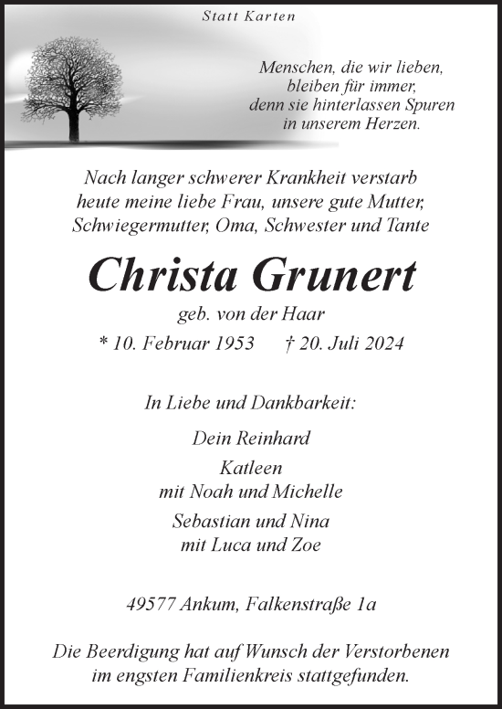 Traueranzeige von Christa Grunert von Neue Osnabrücker Zeitung GmbH & Co. KG