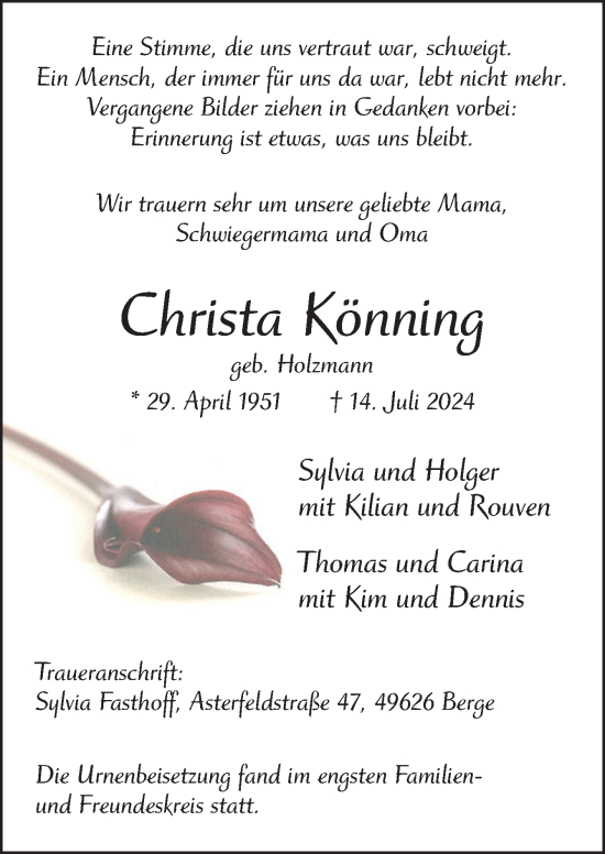 Traueranzeige von Christa Könning von Neue Osnabrücker Zeitung GmbH & Co. KG