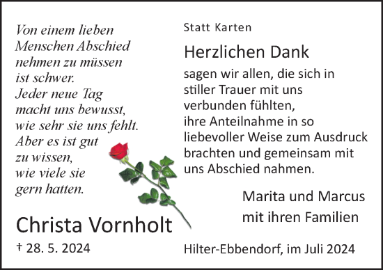 Traueranzeige von Christa Vornholt von Neue Osnabrücker Zeitung GmbH & Co. KG