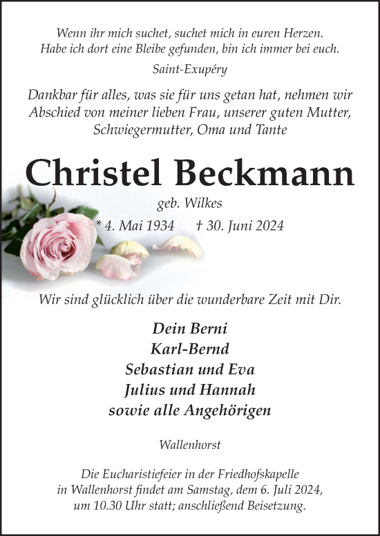 Traueranzeige von Christel Beckmann von Neue Osnabrücker Zeitung GmbH & Co. KG