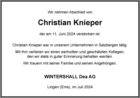 Traueranzeige von Christian Knieper von Neue Osnabrücker Zeitung GmbH & Co. KG