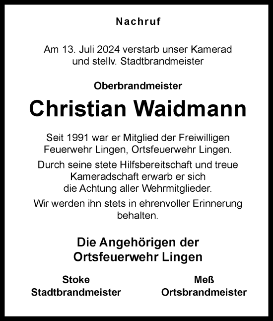 Traueranzeige von Christian Waidmann von Neue Osnabrücker Zeitung GmbH & Co. KG