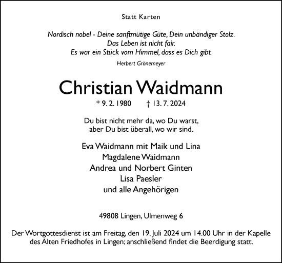 Traueranzeige von Christian Waidmann von Neue Osnabrücker Zeitung GmbH & Co. KG