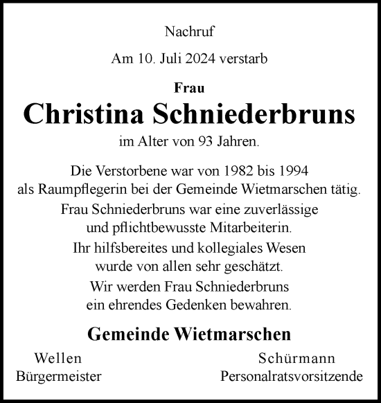 Traueranzeige von Christina Schniederbruns von Neue Osnabrücker Zeitung GmbH & Co. KG