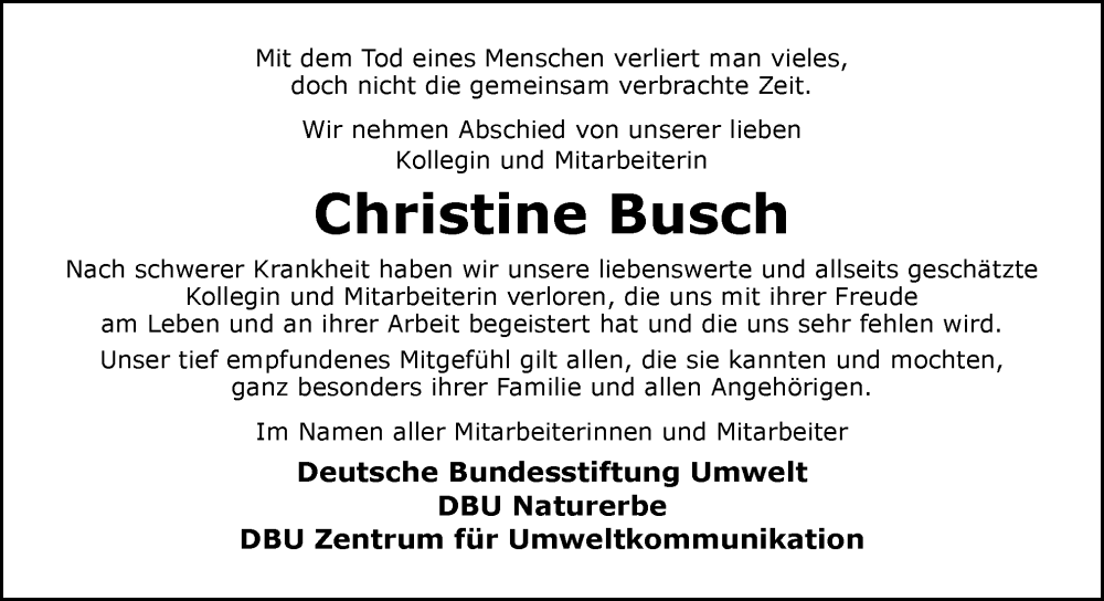  Traueranzeige für Christine Busch vom 20.07.2024 aus Neue Osnabrücker Zeitung GmbH & Co. KG