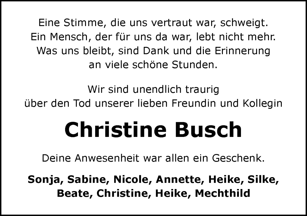  Traueranzeige für Christine Busch vom 20.07.2024 aus Neue Osnabrücker Zeitung GmbH & Co. KG