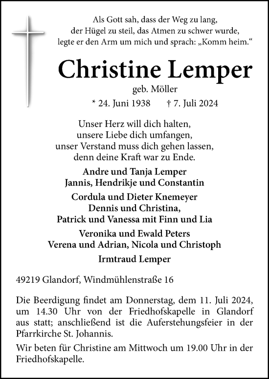 Traueranzeige von Christine Lemper von Neue Osnabrücker Zeitung GmbH & Co. KG