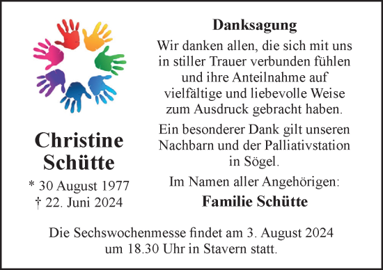 Traueranzeige von Christine Schütte von Neue Osnabrücker Zeitung GmbH & Co. KG