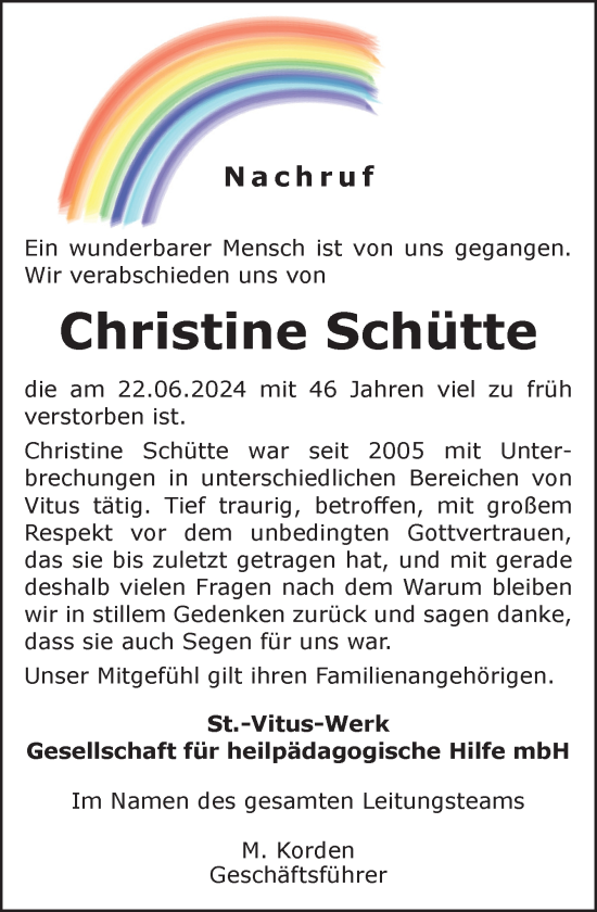 Traueranzeige von Christine Schütte von Neue Osnabrücker Zeitung GmbH & Co. KG