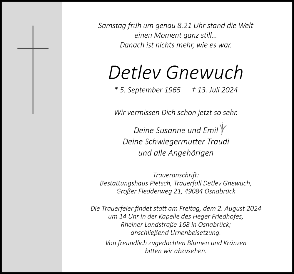  Traueranzeige für Detlev Gnewuch vom 20.07.2024 aus Neue Osnabrücker Zeitung GmbH & Co. KG