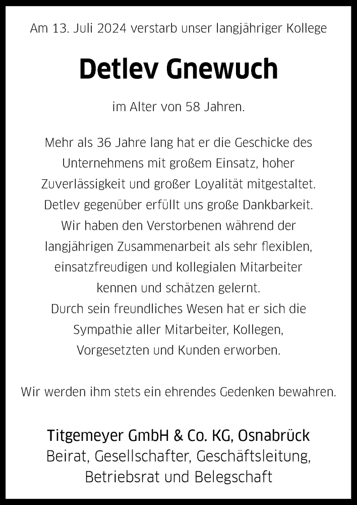  Traueranzeige für Detlev Gnewuch vom 20.07.2024 aus Neue Osnabrücker Zeitung GmbH & Co. KG