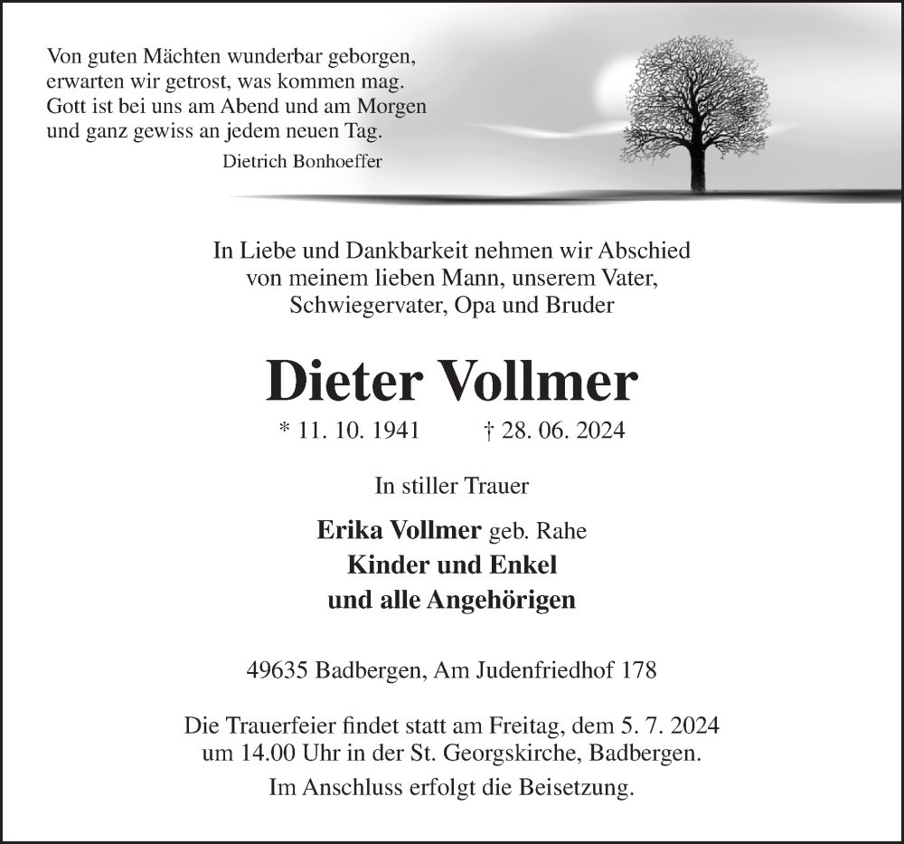  Traueranzeige für Dieter Vollmer vom 02.07.2024 aus Neue Osnabrücker Zeitung GmbH & Co. KG