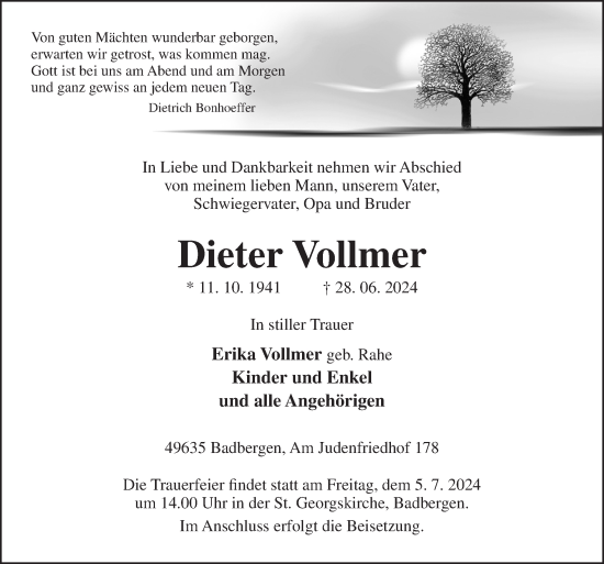 Traueranzeige von Dieter Vollmer von Neue Osnabrücker Zeitung GmbH & Co. KG