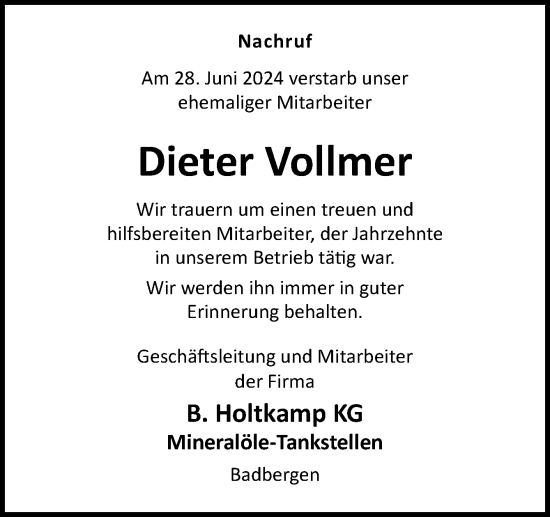 Traueranzeige von Dieter Vollmer von Neue Osnabrücker Zeitung GmbH & Co. KG