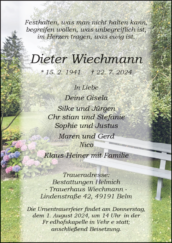 Traueranzeige von Dieter Wiechmann von Neue Osnabrücker Zeitung GmbH & Co. KG