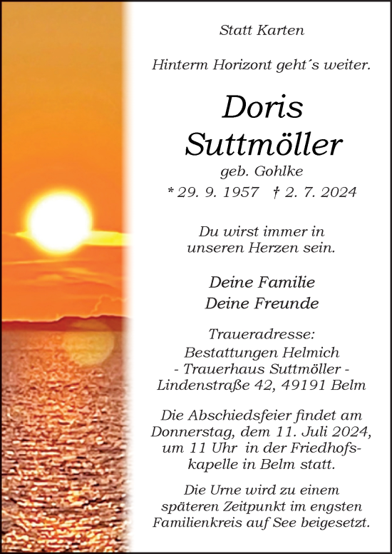 Traueranzeige von Doris Suttmöller von Neue Osnabrücker Zeitung GmbH & Co. KG