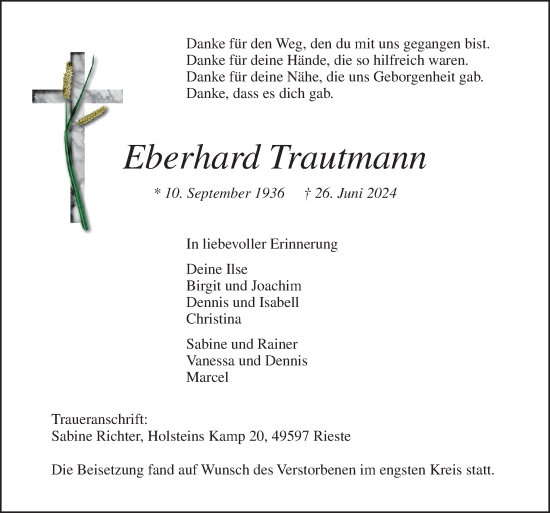 Traueranzeige von Eberhard Trautmann von Neue Osnabrücker Zeitung GmbH & Co. KG