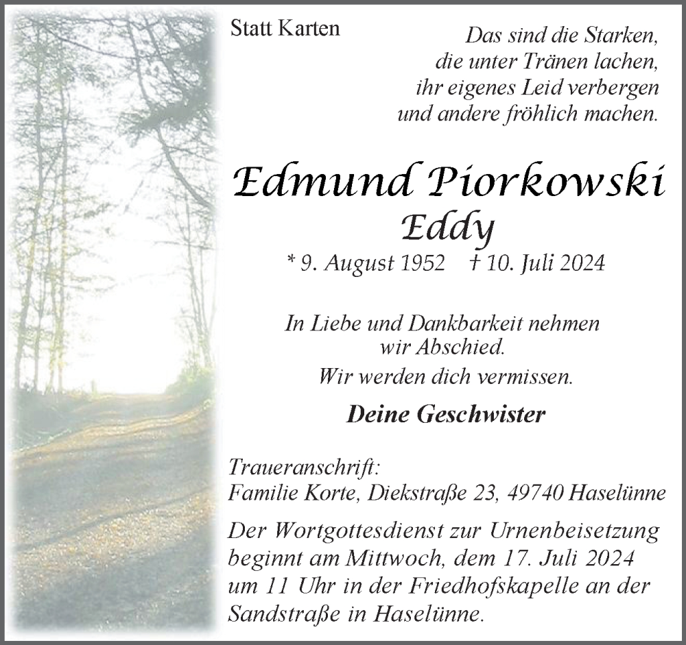  Traueranzeige für Edmund Piorkowski vom 13.07.2024 aus Neue Osnabrücker Zeitung GmbH & Co. KG