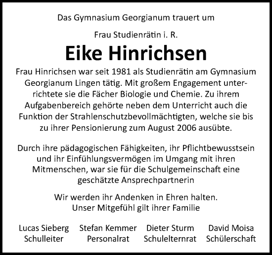 Traueranzeige von Eike Hinrichsen von Neue Osnabrücker Zeitung GmbH & Co. KG