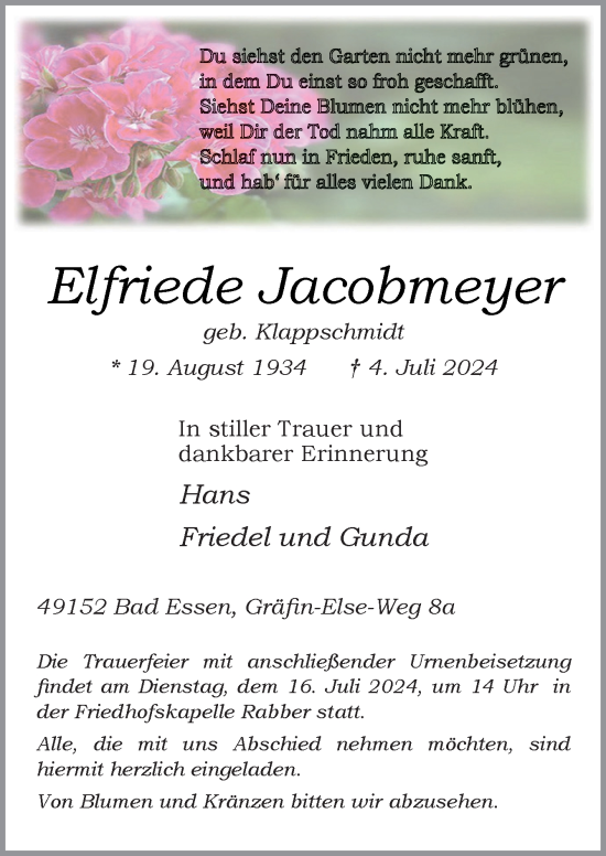 Traueranzeige von Elfriede Jacobmeyer von Neue Osnabrücker Zeitung GmbH & Co. KG