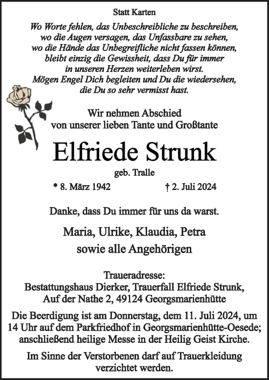 Traueranzeige von Elfriede Strunk von Neue Osnabrücker Zeitung GmbH & Co. KG