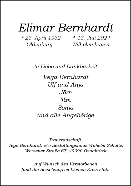 Traueranzeige von Elimar Bernhardt von Neue Osnabrücker Zeitung GmbH & Co. KG