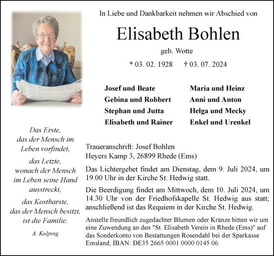 Traueranzeige von Elisabeth Bohlen von Neue Osnabrücker Zeitung GmbH & Co. KG