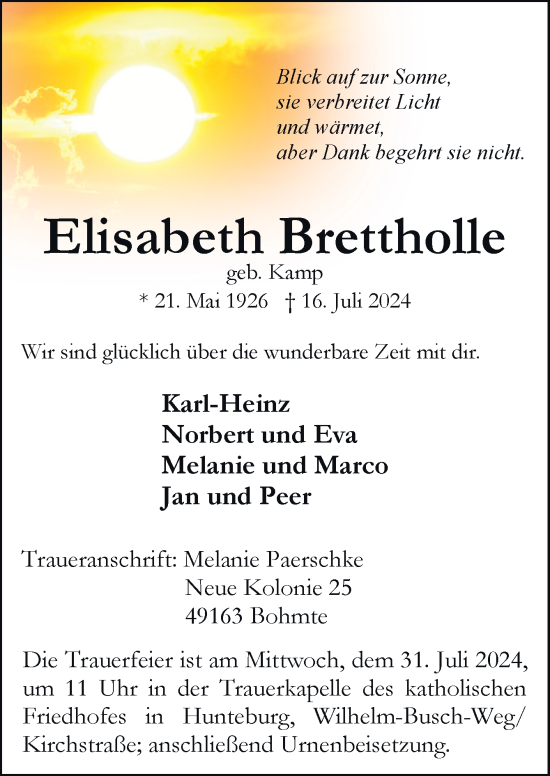 Traueranzeige von Elisabeth Brettholle von Neue Osnabrücker Zeitung GmbH & Co. KG