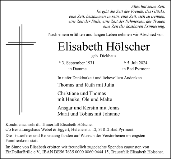Traueranzeige von Elisabeth Hölscher von Neue Osnabrücker Zeitung GmbH & Co. KG