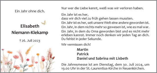 Traueranzeige von Elisabeth Niemann-Klekamp von Neue Osnabrücker Zeitung GmbH & Co. KG