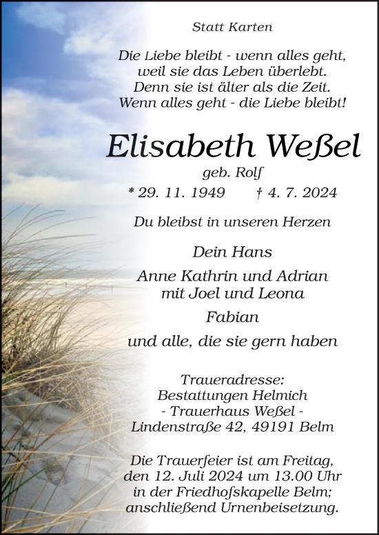 Traueranzeige von Elisabeth Weßel von Neue Osnabrücker Zeitung GmbH & Co. KG