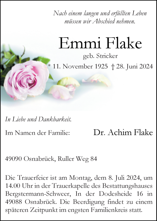 Traueranzeige von Emmi Flake von Neue Osnabrücker Zeitung GmbH & Co. KG