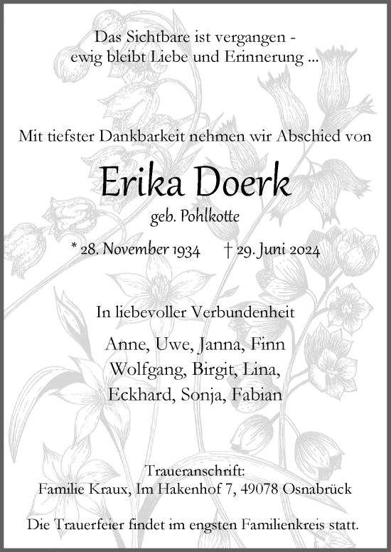 Traueranzeige von Erika Doerk von Neue Osnabrücker Zeitung GmbH & Co. KG