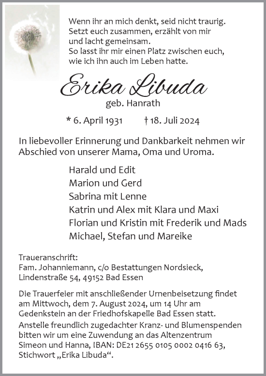 Traueranzeige von Erika Libuda von Neue Osnabrücker Zeitung GmbH & Co. KG