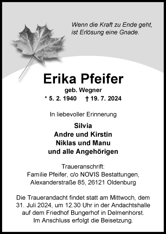 Traueranzeige von Erika Pfeifer von DK Medien GmbH & Co. KG