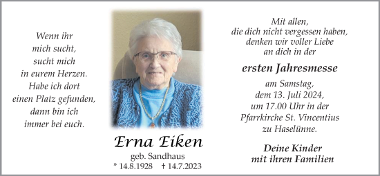Traueranzeige von Erna Eiken von Neue Osnabrücker Zeitung GmbH & Co. KG