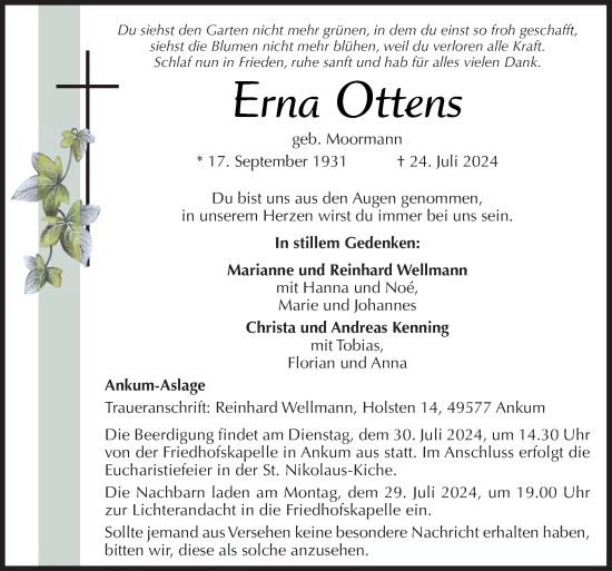 Traueranzeige von Erna Ottens von Neue Osnabrücker Zeitung GmbH & Co. KG