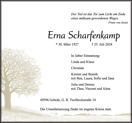 Traueranzeige von Erna Scharfenkamp von Neue Osnabrücker Zeitung GmbH & Co. KG