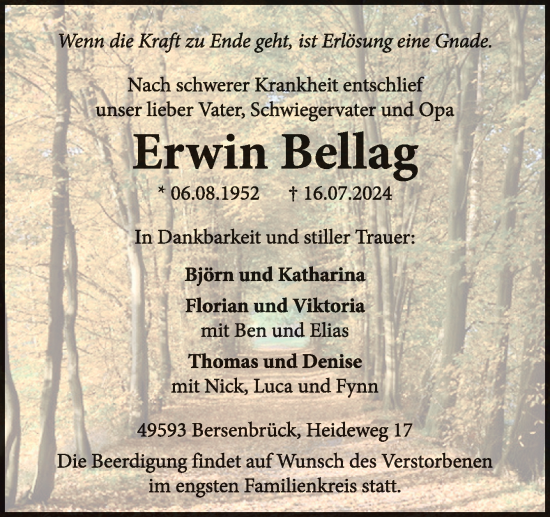 Traueranzeige von Erwin Bellag von Neue Osnabrücker Zeitung GmbH & Co. KG