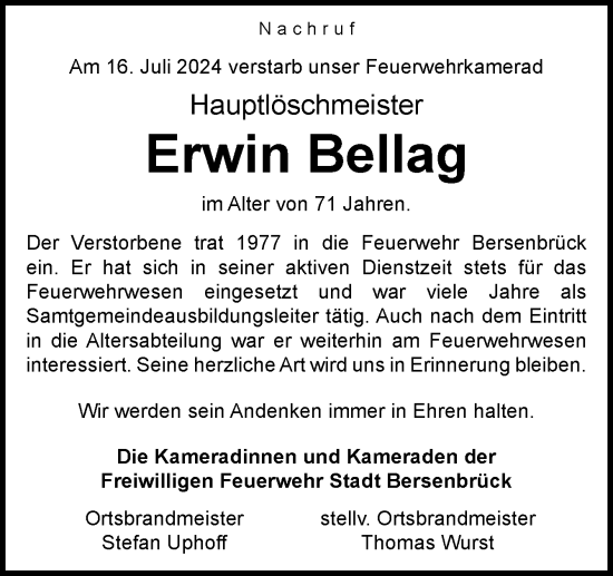 Traueranzeige von Erwin Bellag von Neue Osnabrücker Zeitung GmbH & Co. KG