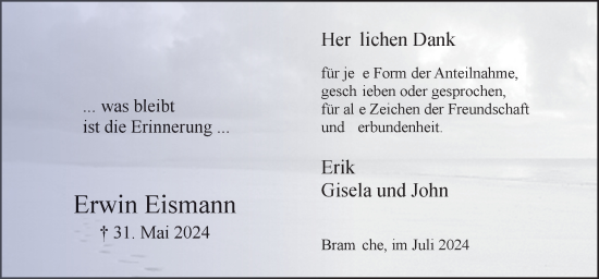 Traueranzeige von Erwin Eismann von Neue Osnabrücker Zeitung GmbH & Co. KG