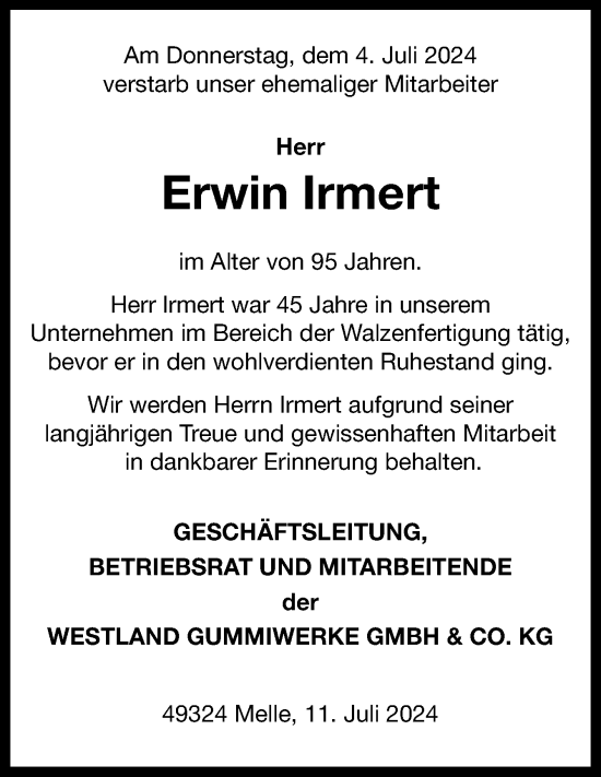 Traueranzeige von Erwin Irmert von Neue Osnabrücker Zeitung GmbH & Co. KG