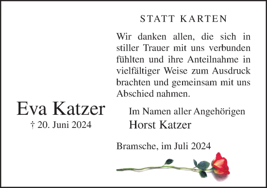 Traueranzeige von Eva Katzer von Neue Osnabrücker Zeitung GmbH & Co. KG