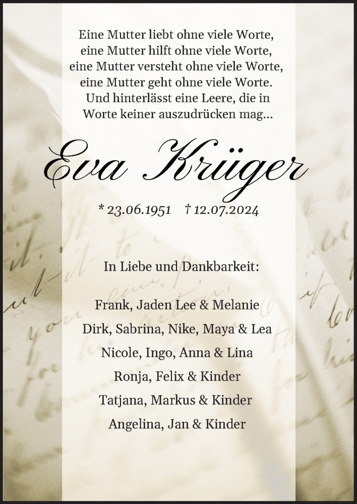  Traueranzeige für Eva Krüger vom 17.07.2024 aus Neue Osnabrücker Zeitung GmbH & Co. KG