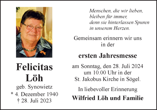 Traueranzeige von Felicitas Löh von Neue Osnabrücker Zeitung GmbH & Co. KG