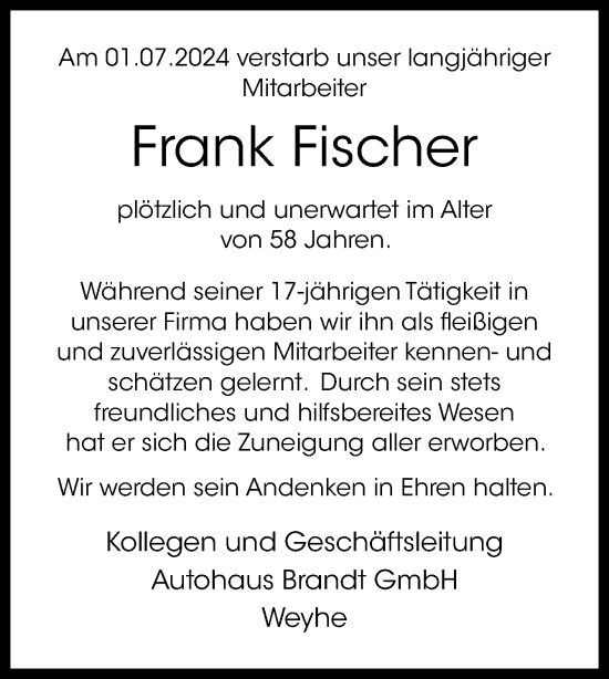 Traueranzeige von Frank Fischer von DK Medien GmbH & Co. KG