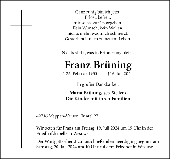 Traueranzeige von Franz Brüning von Neue Osnabrücker Zeitung GmbH & Co. KG