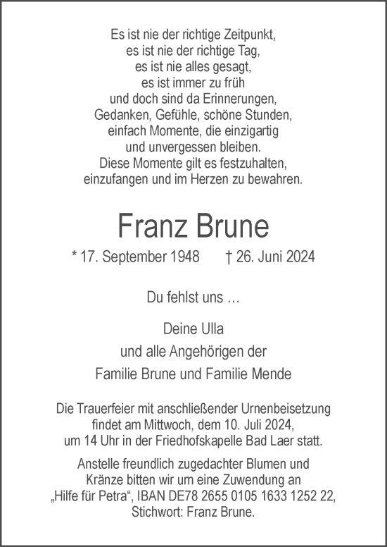 Traueranzeige von Franz Brune von Neue Osnabrücker Zeitung GmbH & Co. KG