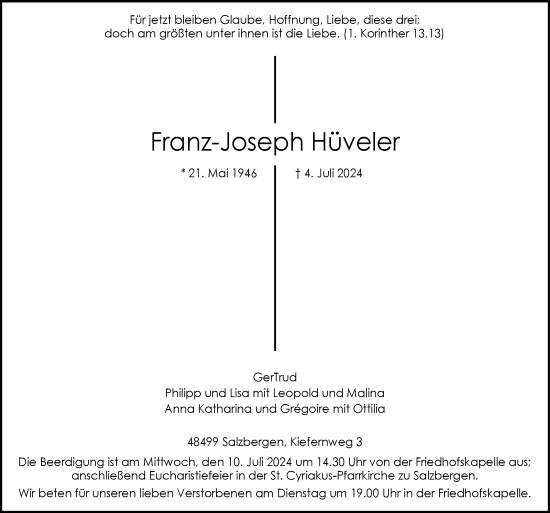 Traueranzeige von Franz-Joseph Hüveler von Neue Osnabrücker Zeitung GmbH & Co. KG
