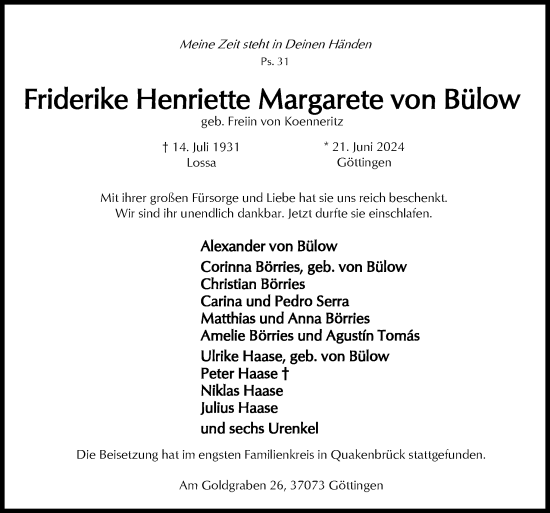 Traueranzeige von Friderike Henriette Margarete  von Bülow von Neue Osnabrücker Zeitung GmbH & Co. KG